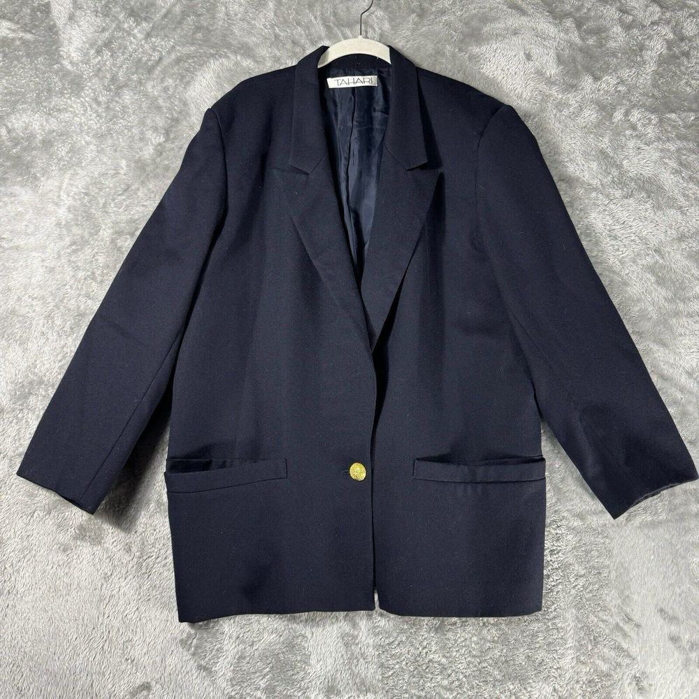 Tahari Blazer Womens 16 Navy Blue Gold Wool Career Office Interview Academia